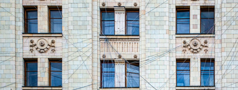 Wires strung between windows of Moscow University student housing.